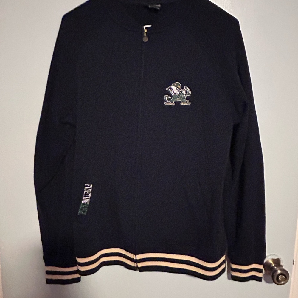 Champion Blue Zip Up Jacket Notre Dame with Striped Ribbing